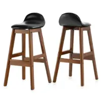 Costway Set of 2 Upholstered PU Leather Barstools 27.5" Wooden Dining Chairs - Black + Brown - Front_Zoom