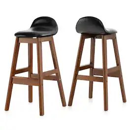 Costway - Set of 2 Upholstered PU Leather Barstools 27.5" Wooden Dining Chairs - Black + Brown