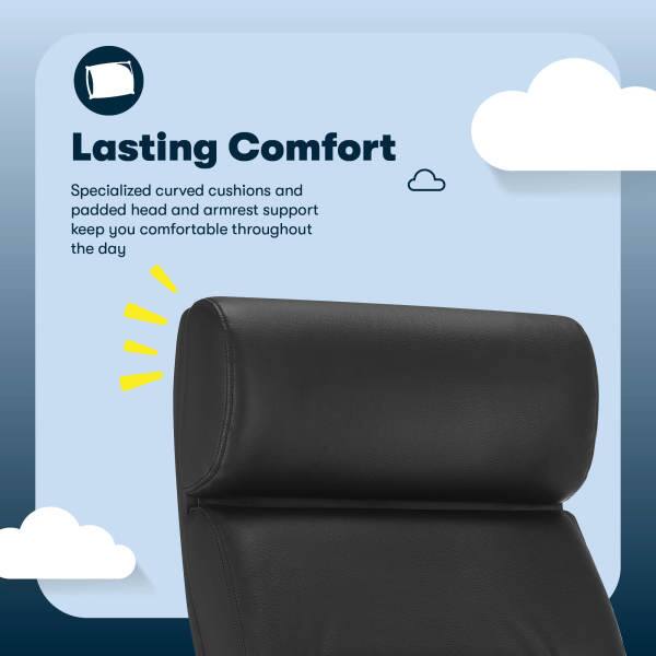 Lasting Comfort  
Specialized curved cushions and padded head and armrest support keep you comfortable throughout the day