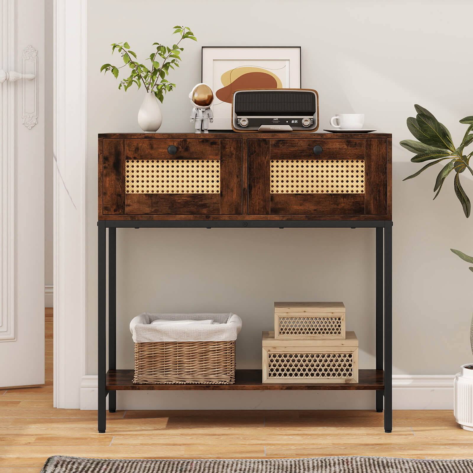 Alt View 3. Costway - Costway 32" Console Table with 2 Rattan Drawers, Open Storage Shelf, Heavy-duty Metal Frame - Rustic Brown.