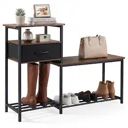 Costway - 3-Tier Shoe Rack Bench with Drawer & Metal Frame, Entryway Bench with Storage - Rustic Brown & Black
