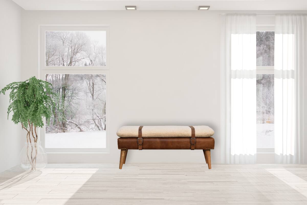 Alt View 6. Artisan Furniture - Artisan Furniture Solid Wood Boucle Buffalo Hide Leather Bench, Upholstered, Brown & Cream - Brown & Cream.