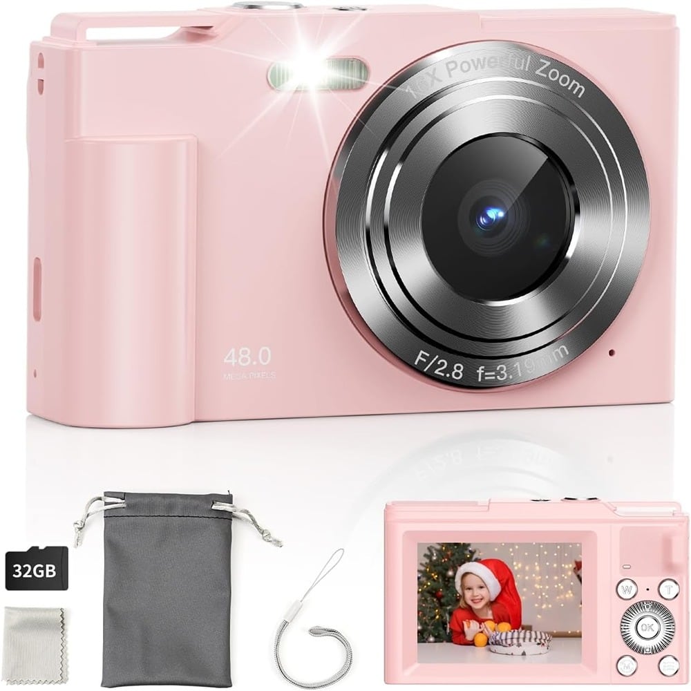 ACJPR - FHD 1080P Digital Camera, 16X Zoom, Anti-Shake, 32GB Card, Pink
