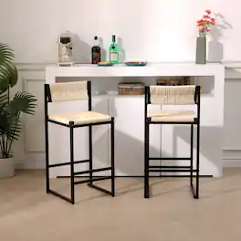 HTUTWOO - Bar Stools Set of 2, Paper Rope Woven Counter Height Chairs with Seagrass Seat and footrest for Kitchen, Home Pub - Off White