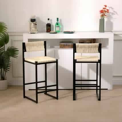Front. HTUTWOO - Bar Stools Set of 2, Paper Rope Woven Counter Height Chairs with Seagrass Seat and footrest for Kitchen, Home Pub - Off White.