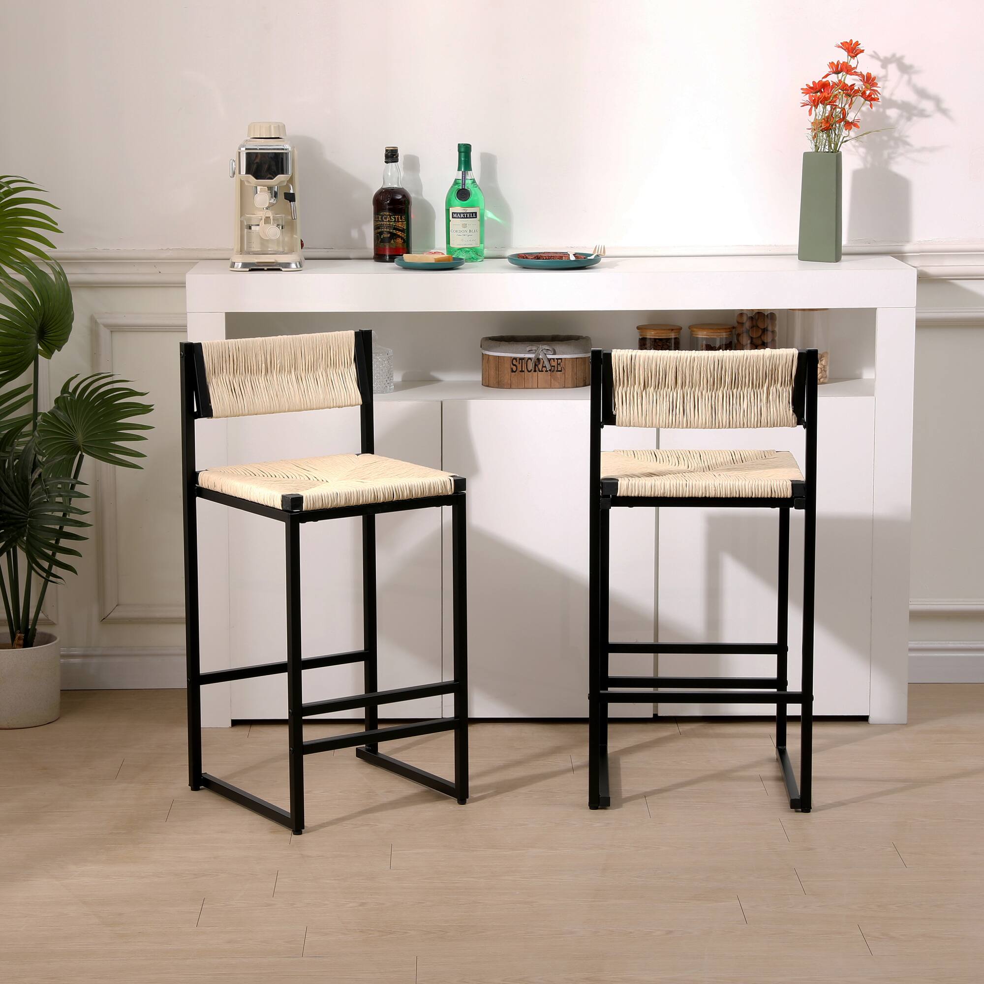 Front. HTUTWOO - Bar Stools Set of 2, Paper Rope Woven Counter Height Chairs with Seagrass Seat and footrest for Kitchen, Home Pub - Off White.