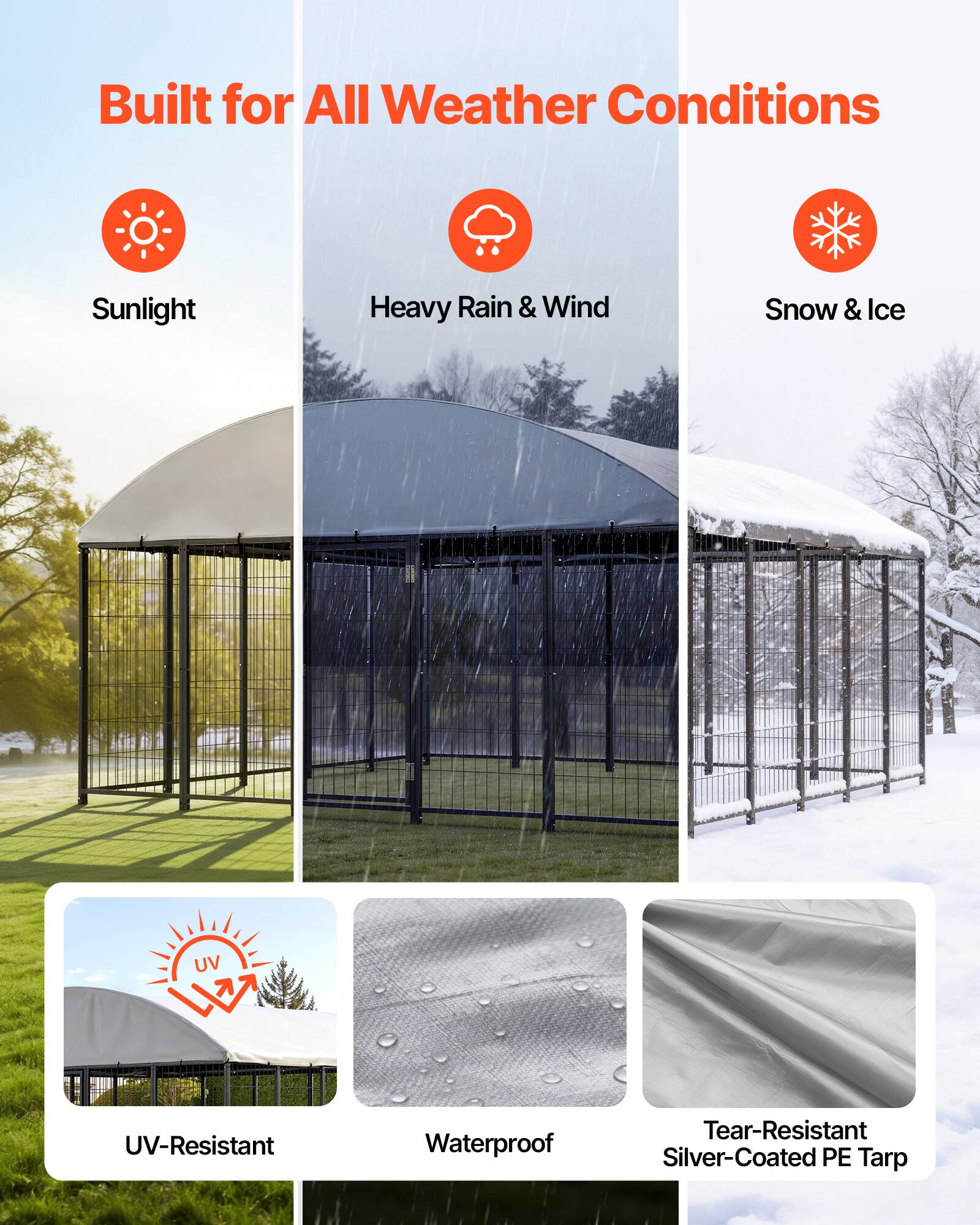 Built for All Weather Conditions

- Sunlight
- Heavy Rain & Wind
- Snow & Ice

- UV-Resistant
- Waterproof
- Tear-Resistant Silver-Coated PE Tarp