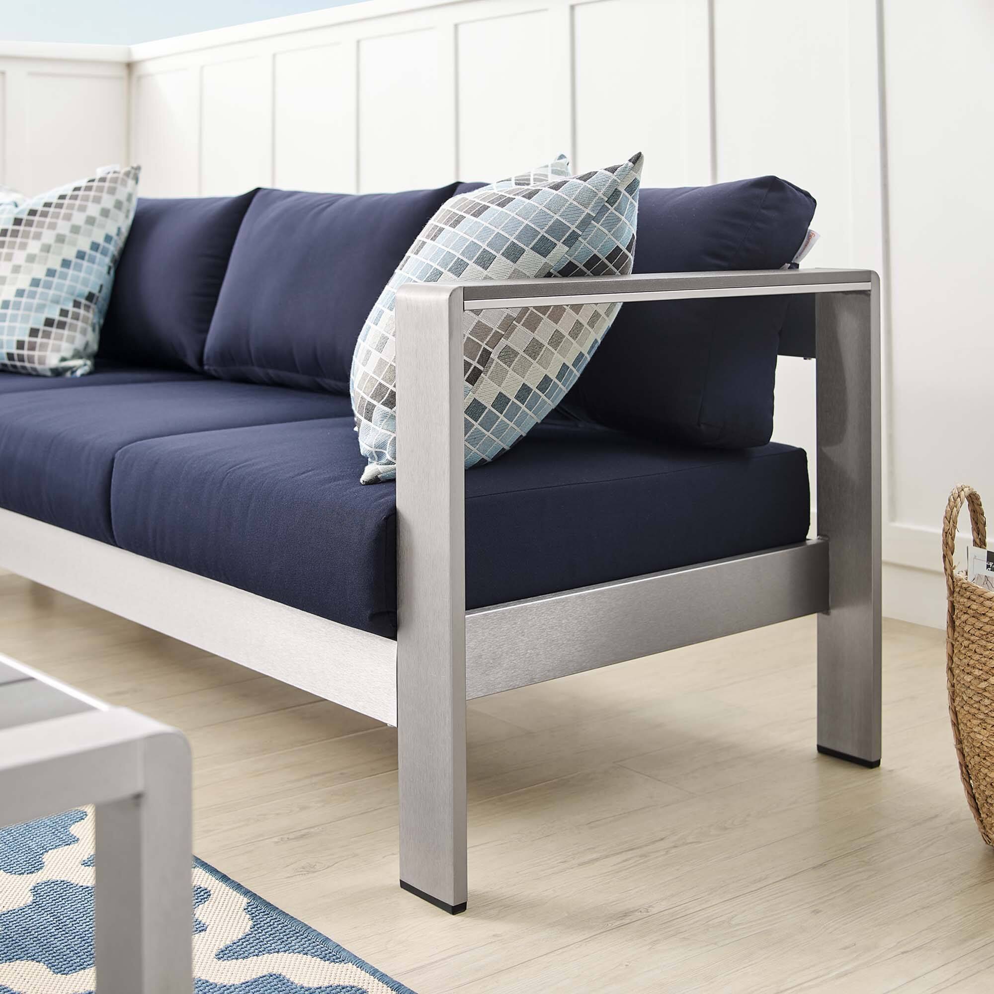 Back. Modway - Shore Sunbrella® Fabric Aluminum Outdoor Patio Sofa by Modway - Silver Navy.