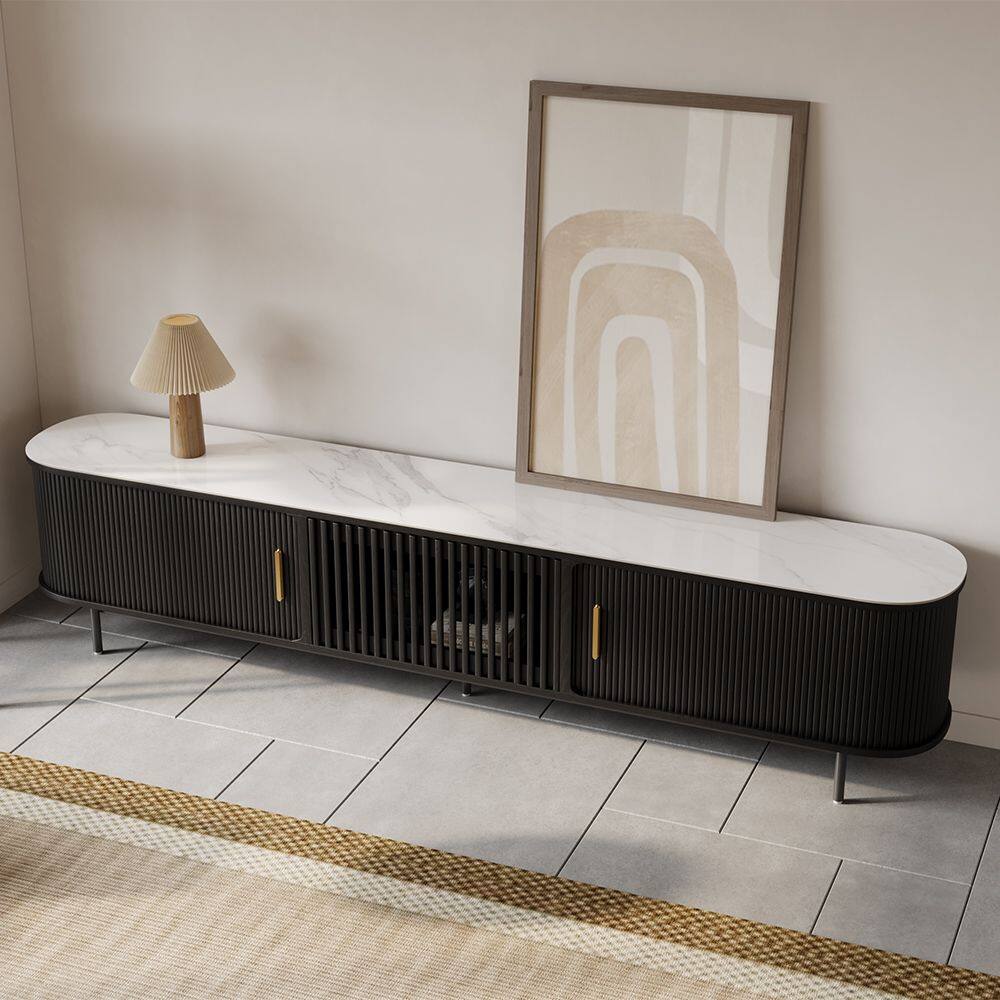 Angle. POVISON - 94"Mid-Century Modern Glossy Sintered Stone Tabletop TV Stand ,Black - Black with Sintered Stone.