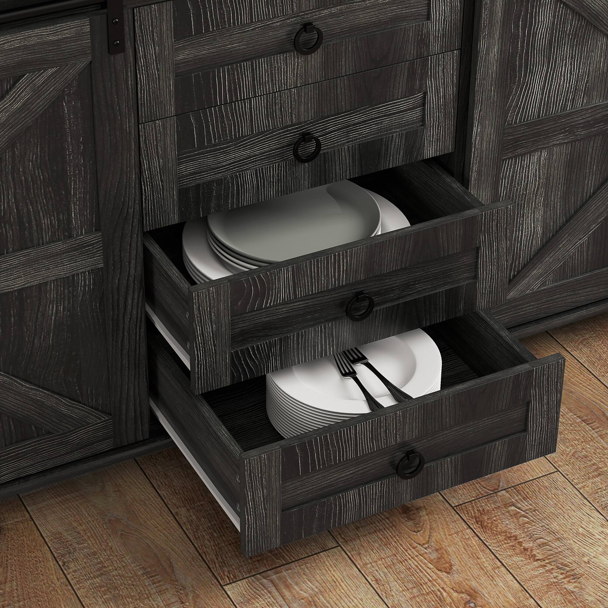 Alt View 8. Homcom - 60" Farmhouse Sideboard Buffet Cabinet with Storage, Sliding Barn Doors, Deep Drawers and Adjustable Shelves - Distressed Dark Gray.