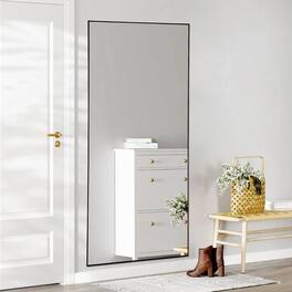 AENKYO - 64"x21" Full Length Mirror Wall Mirror with Stand and Aluminum Alloy Thin Frame - Black