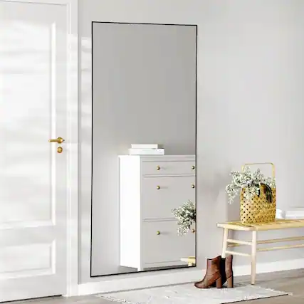 Front. AENKYO - 64"x21" Full Length Mirror Wall Mirror with Stand and Aluminum Alloy Thin Frame - Black.