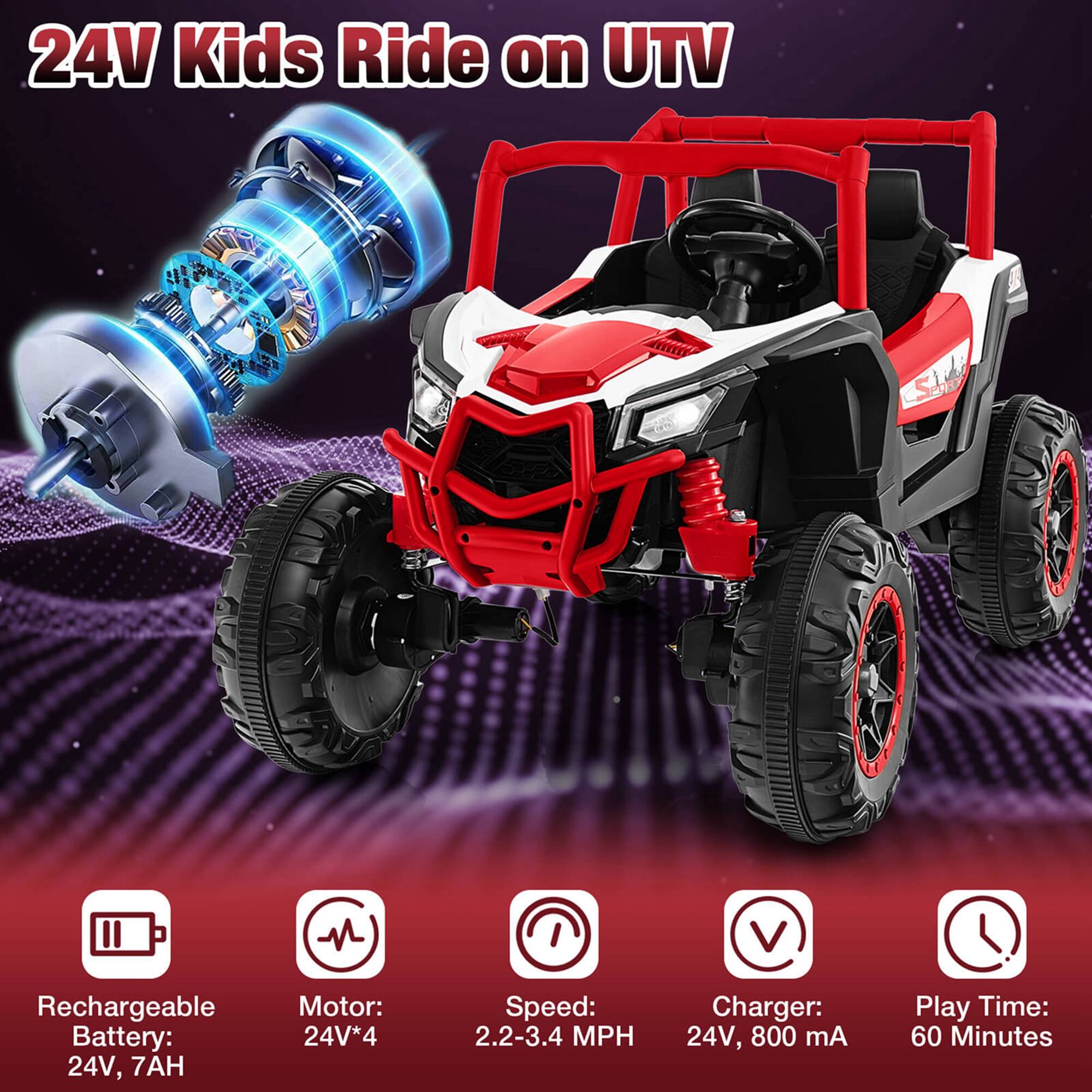 24V Kids Ride on UTV

- Rechargeable Battery: 24V, 7AH
- Motor: 24V*4
- Speed: 2.2-3.4 MPH
- Charger: 24V, 800 mA
- Play Time: 60 Minutes