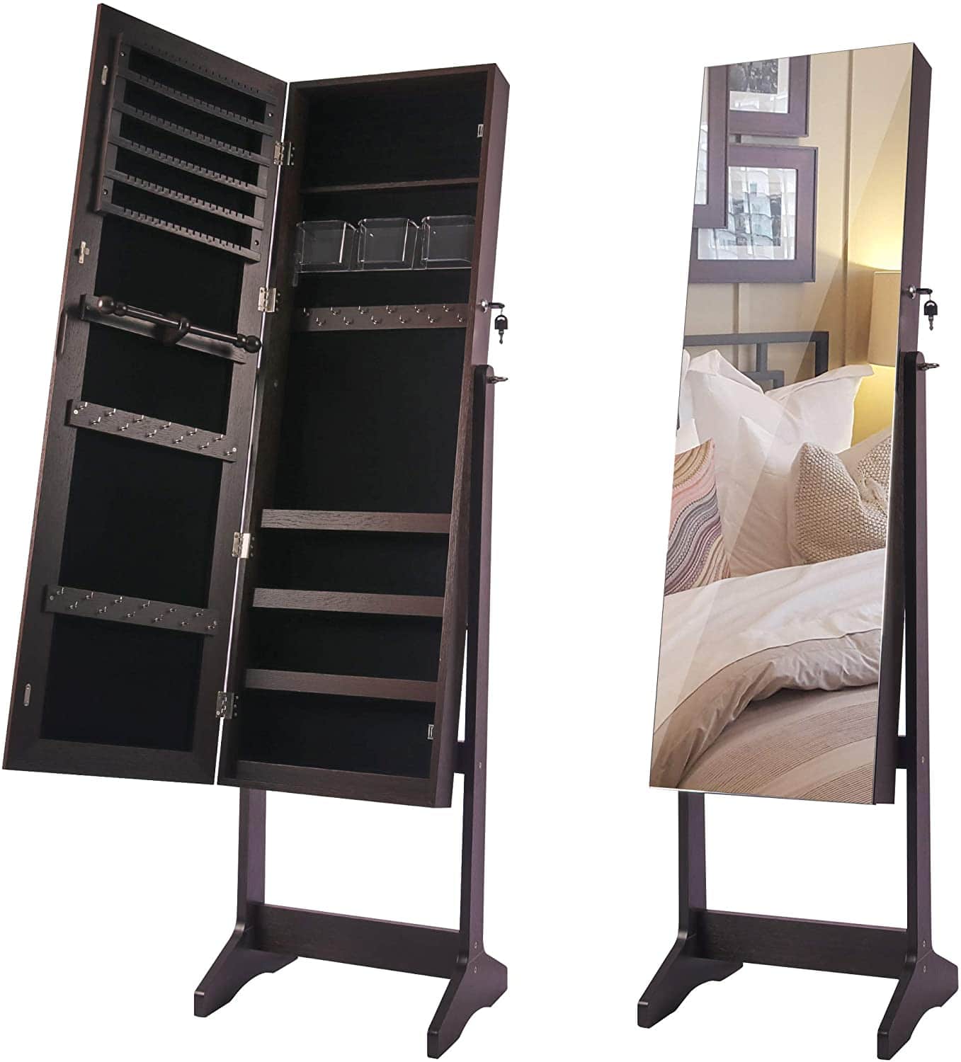 Oumilen - Lockable Jewelry Armoire with Full-Length Mirror & Cosmetics Storage - Brown