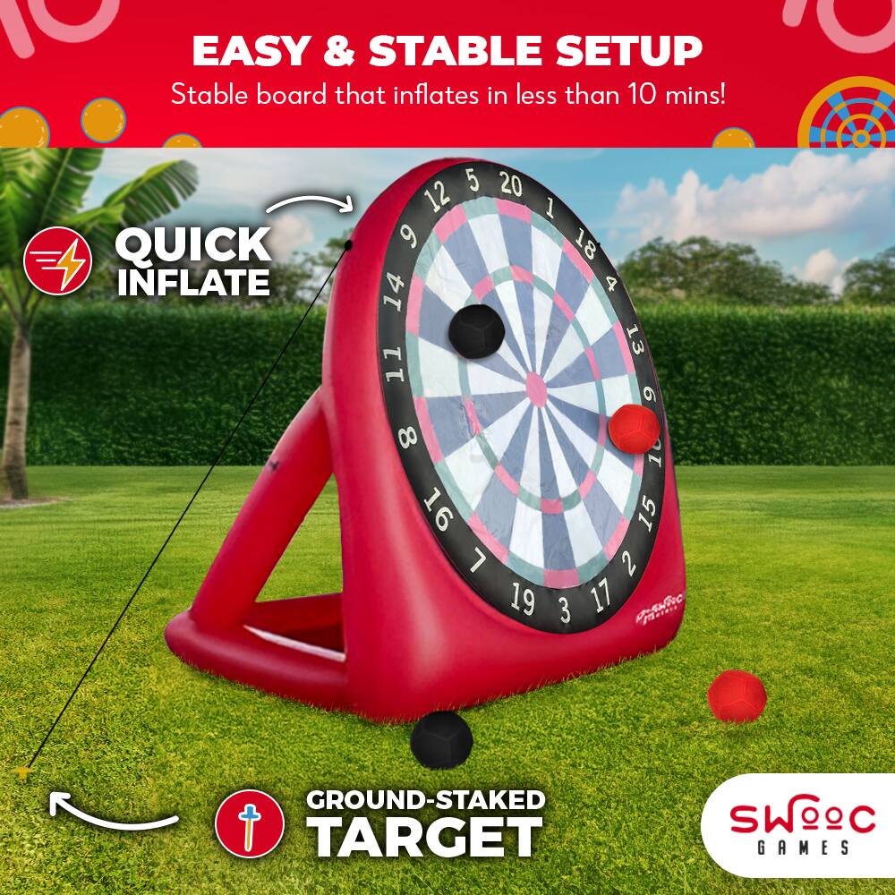 EASY & STABLE SETUP  
Stable board that inflates in less than 10 mins!  

QUICK INFLATE  

GROUND-STAKED TARGET  

SWOOC GAMES