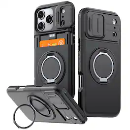 Dteck - Rugged Case for Apple iPhone 17 Pro Max Shockproof Drop Protection Hidden Card Slot Ring Kickstand Sliding Camera Cover - Black