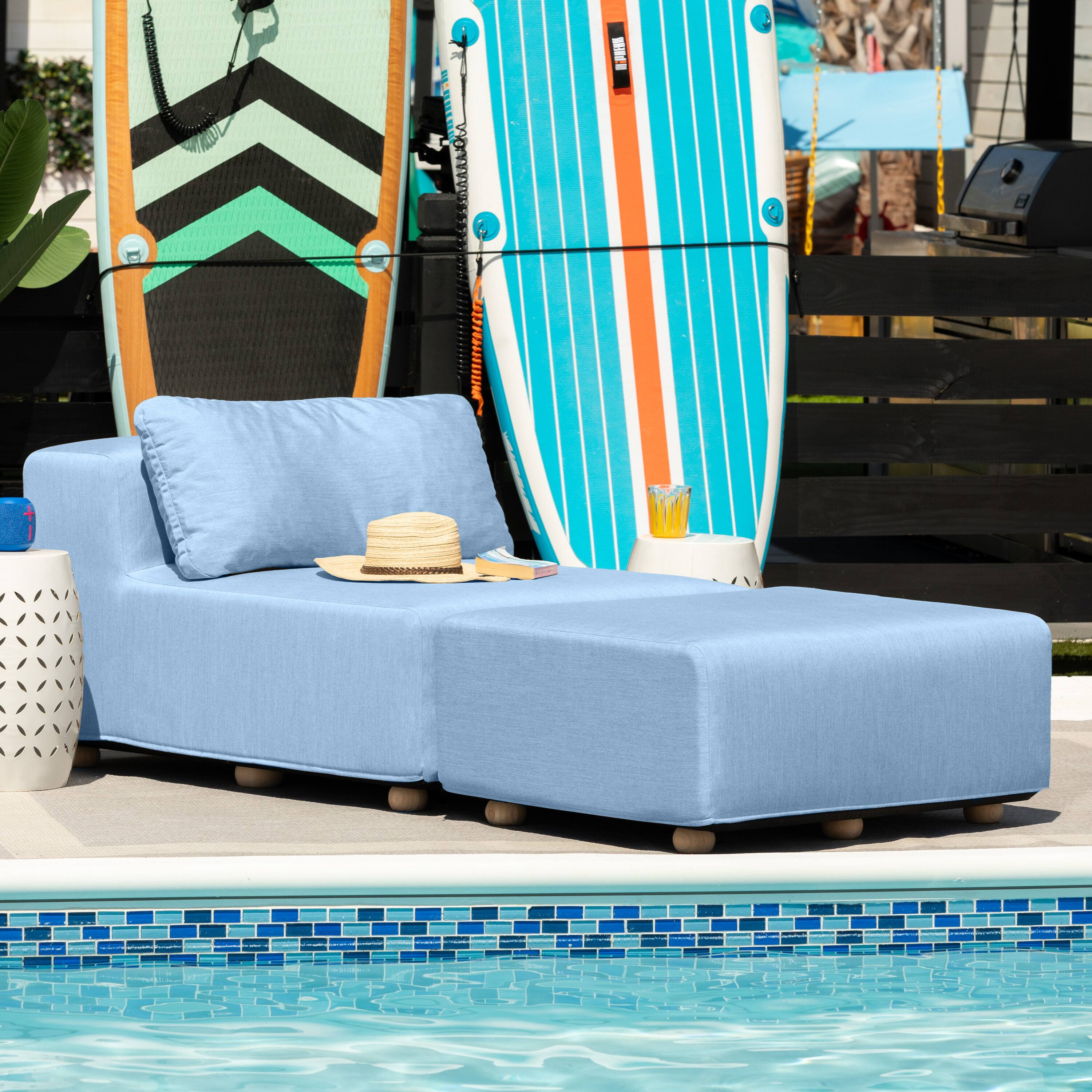 Angle. Jaxx - Jaxx Vada Outdoor Sun Lounger Luxury Modular Chaise & Ottoman w/ Sunbrella & Waterproof Cover, Sunbrella Ocean Blue - Ocean Blue.