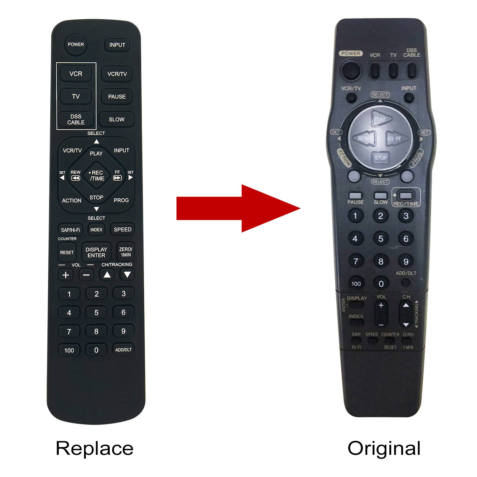 POWER  
INPUT  
POWER VCR  
DSS TV CABLE  
VCR  
VCR/TV  
TV  
PAUSE  
VCR/TV SELECT  
INPUT  
DSS CABLE  
SLOW  
PLAY  
SELECT VCR/TV INPUT PLAY SET REW REC FF SET TIME  
SET REWS ACTION STOP SELECT  
SET PROG  
STOP ACTION  
PROG  
PAUSE  
SLOW REC/TIME  
SELECT  
1  
2  
3  
SAPIHI-FI INDEX SPEED COUNTER DISPLAY ZERO/ RESET ENTER 1MIN VOL - CH/TRACKING + - 1 2 3 4 5 6 7 8 9 100 0 ADD/DLT  
4 5 6 7 8 9 ADD/DLT 100 0 DISPLAY VOL CH ENTER + INDEX TRACKING SAP SPEED COUNTER ZEROV Hi-Fi RESET 1MIN