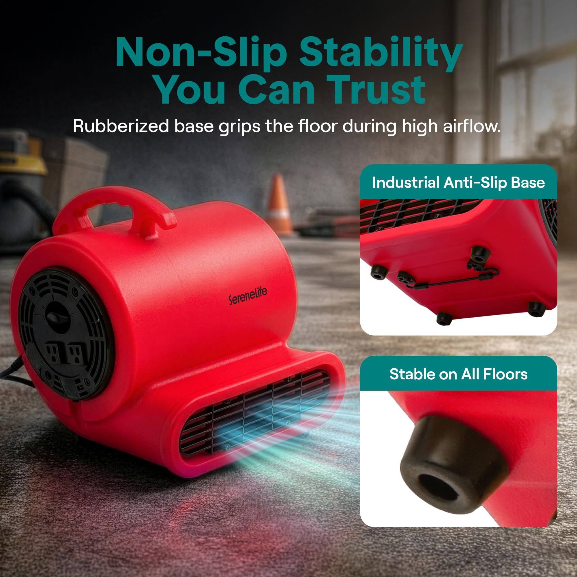 Non-Slip Stability You Can Trust  
Rubberized base grips the floor during high airflow.  

Industrial Anti-Slip Base  
Stable on All Floors
