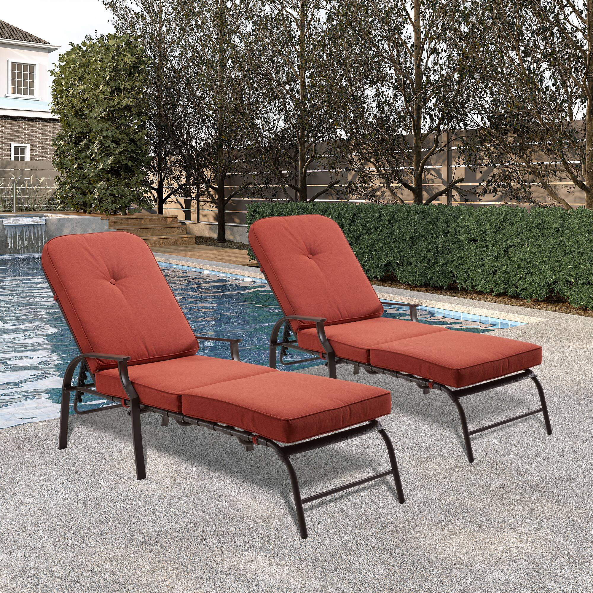 Angle. Mondawe - Adjustable Outdoor Chaise Lounge with Armrest and Cushion - Orange Red.