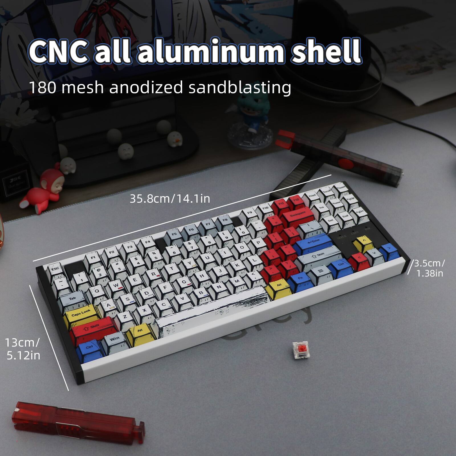 CNC all aluminum shell  
180 mesh anodized sandblasting  
35.8cm/14.1in  
13cm/5.12in  
3.5cm/1.38in