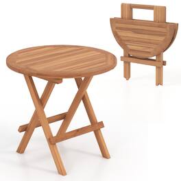 Costway - 1 PC Patio Folding Side Table Indonesia Teak Wood Round Slatted Tabletop Portable Camping - Natural