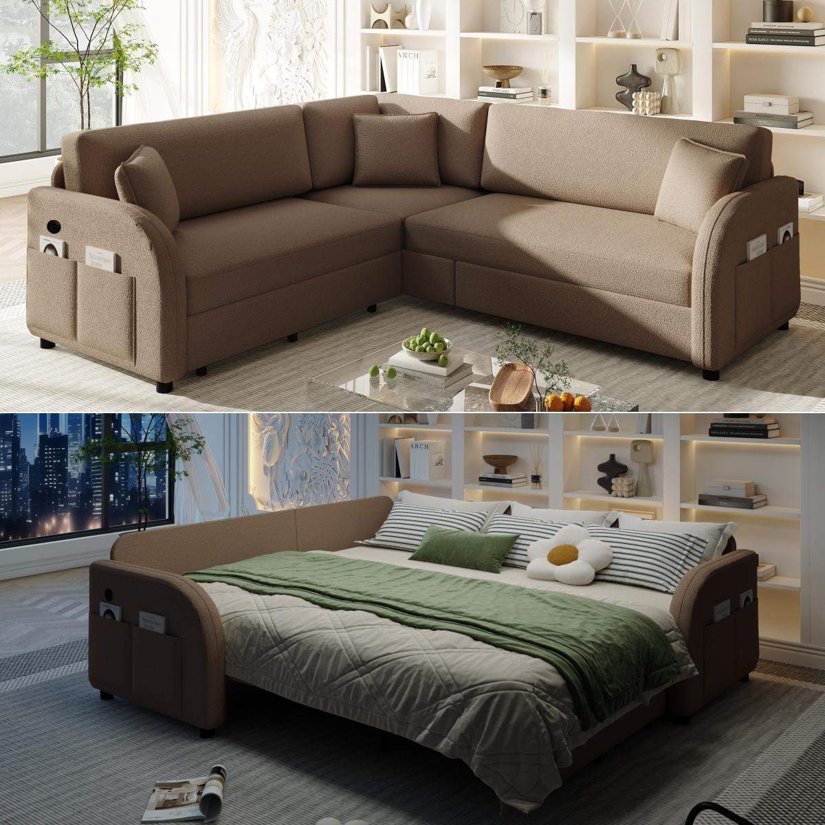 LOVMOR - 85.1 inch LShaped Sofa Couch with PullOut BedOversize Convertible Sleeper Sofa with side Pocket USB PortTeddy - Brown
