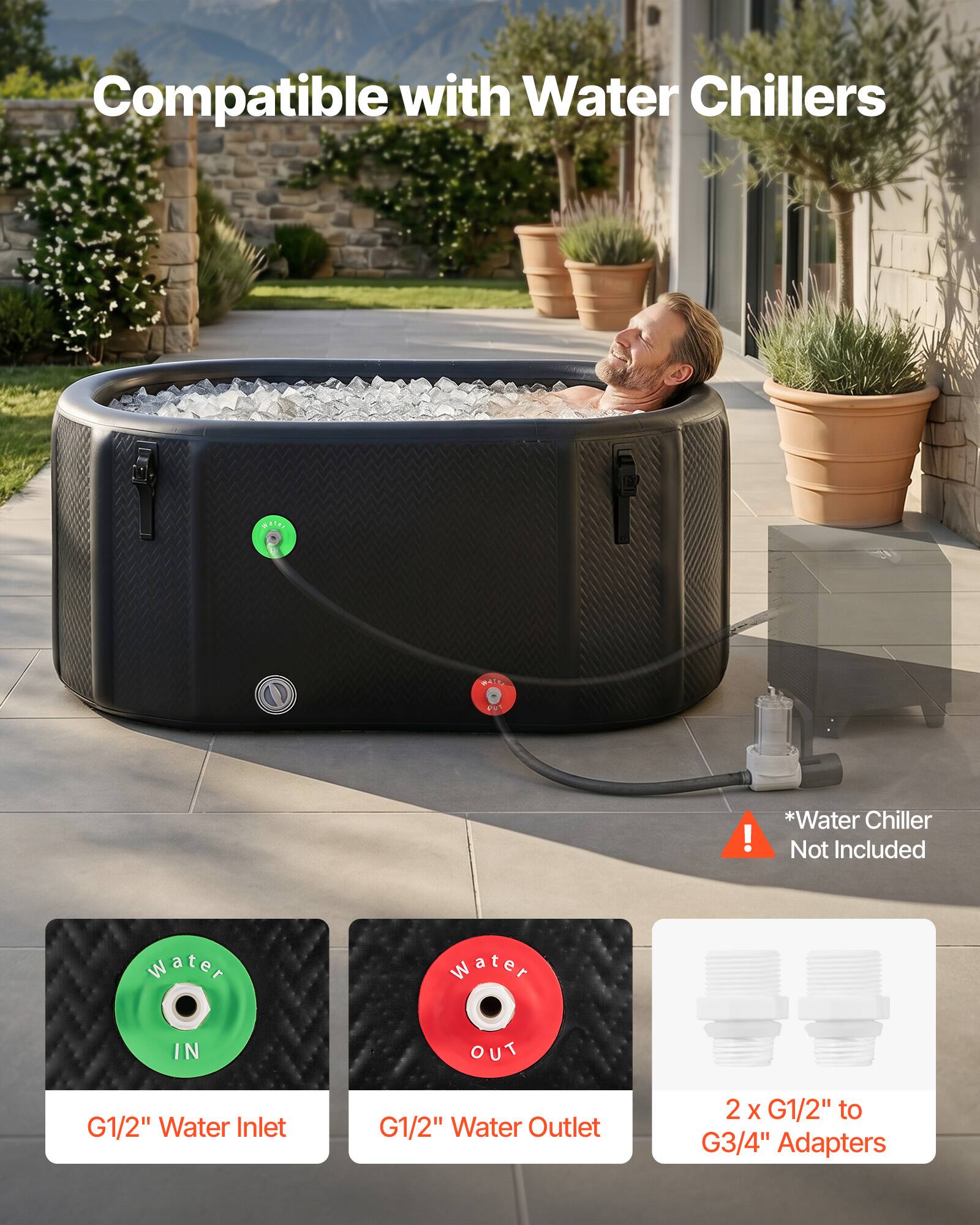 Compatible with Water Chillers

*Water Chiller Not Included

Water IN
G1/2" Water Inlet

Water OUT
G1/2" Water Outlet

2 x G1/2" to G3/4" Adapters