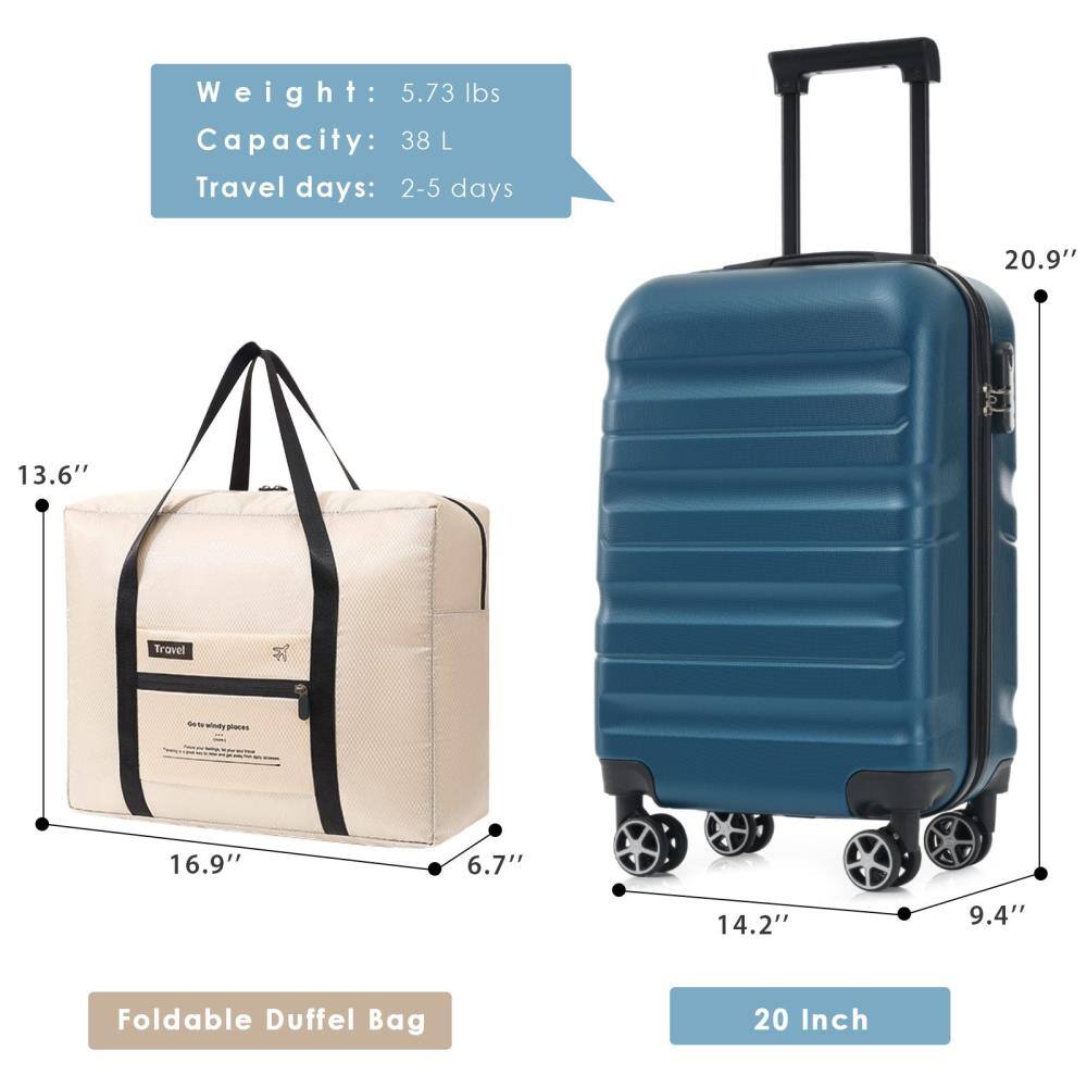 Weight: 5.73 lbs  
Capacity: 38 L  
Travel days: 2-5 days  

Foldable Duffel Bag  
Dimensions: 16.9" x 13.6" x 6.7"  

20 Inch  
Dimensions: 20.9" x 14.2" x 9.4"