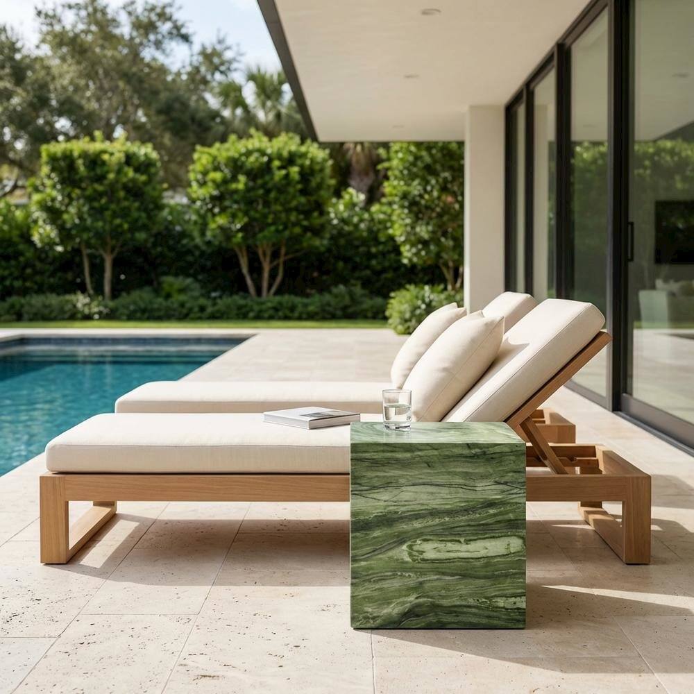 Left. Outdoor Escape - Concrete outdoor side table with modern design and versatile use - Green.