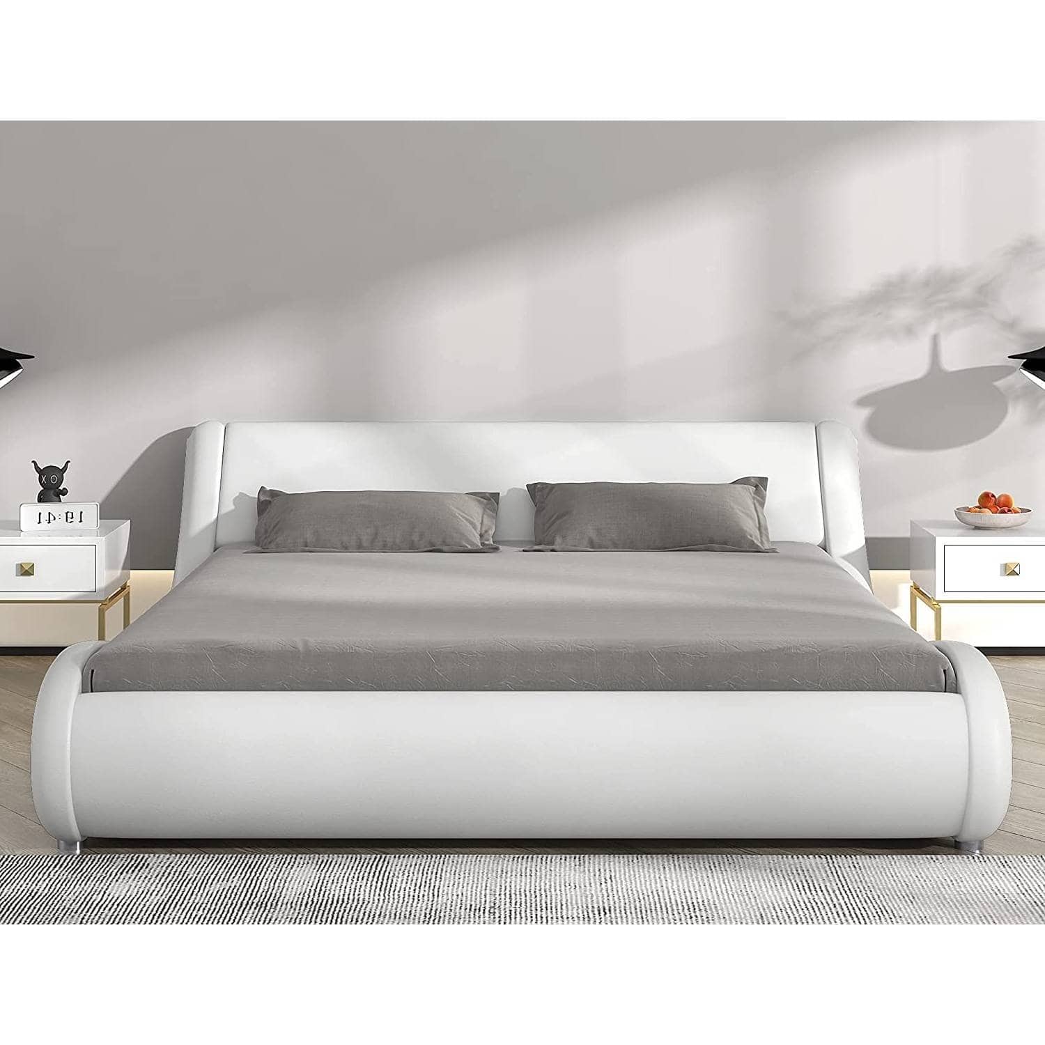 SlickBlue - Sleek Faux Leather Bed Frame with Upholstered Headboard - White