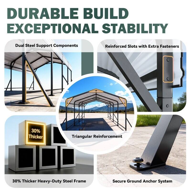 DURABLE BUILD EXCEPTIONAL STABILITY

- Dual Steel Support Components
- Reinforced Slots with Extra Fasteners
- 30% Thicker Triangular Reinforcement
- 30% Thicker Heavy-Duty Steel Frame
- Secure Ground Anchor System