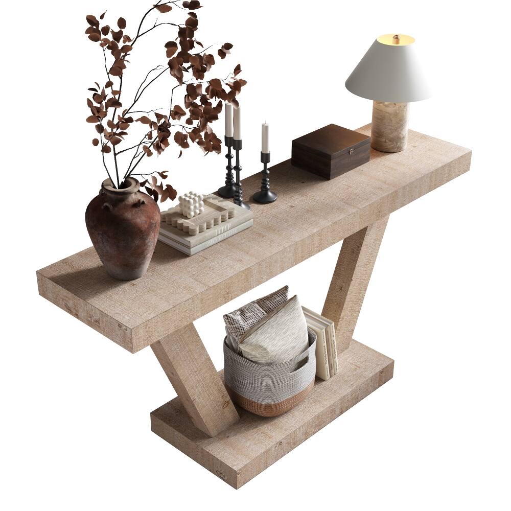 Alt View 6. Loheer - Loheer 60 inch vintage console table, distressed wood entryway bench with two tier storage, antique natural - Antique Natural.