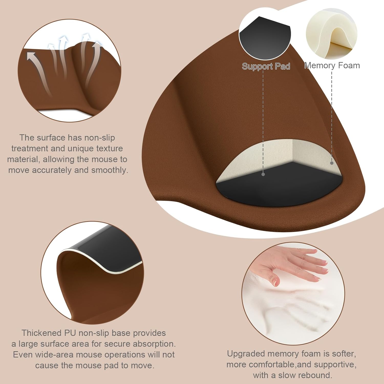 Support Pad Memory Foam

The surface has non-slip treatment and unique texture material, allowing the mouse to move accurately and smoothly.

Thickened PU non-slip base provides a large surface area for secure absorption. Even wide-area mouse operations will not cause the mouse pad to move.

Upgraded memory foam is softer, more comfortable, and supportive, with a slow rebound.