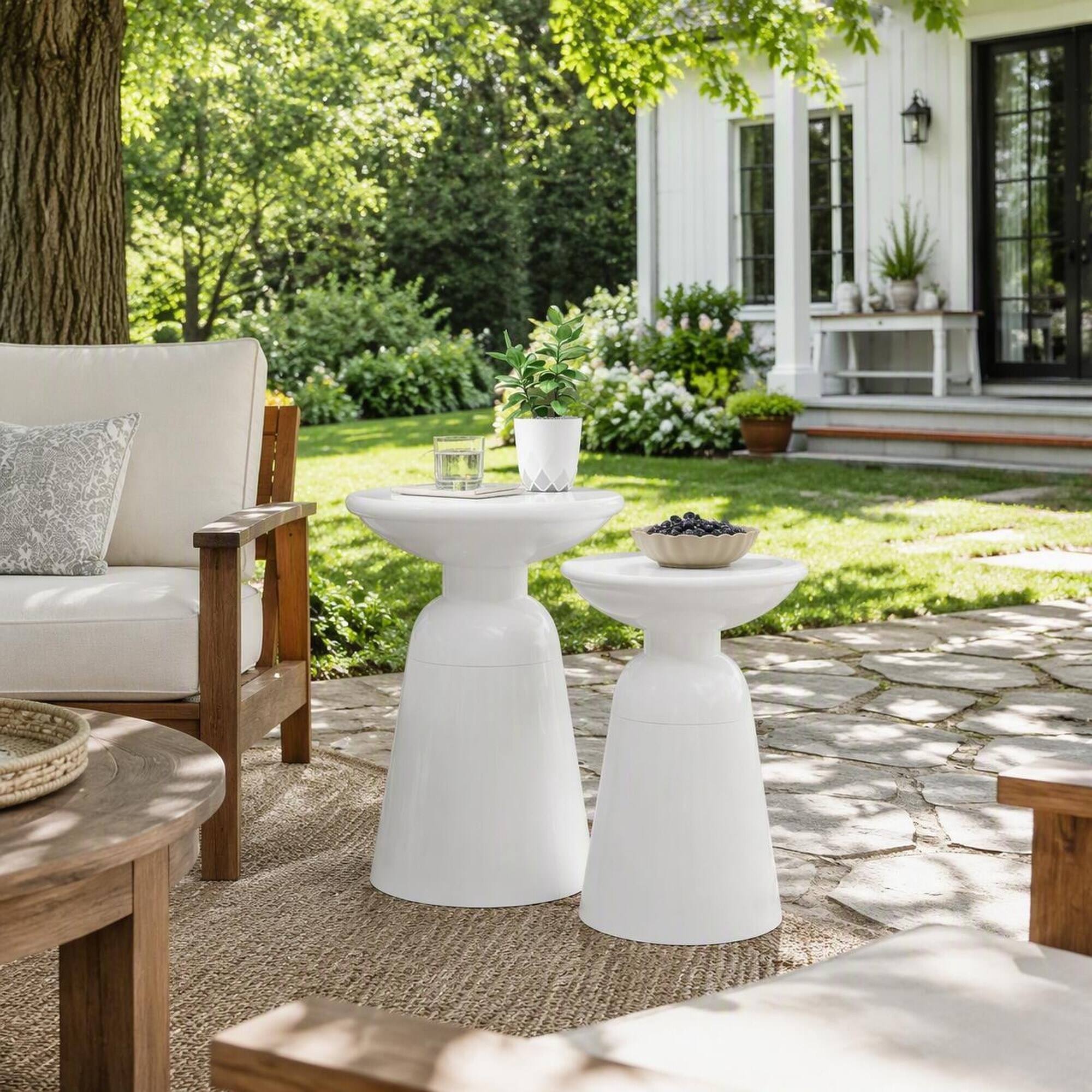 Angle. RYHNUYNE - Outdoor Side Table Set of 2 White Powder-Coated Accent Tables with Flared Pedestal Base for Patio Garden Balcony - White.