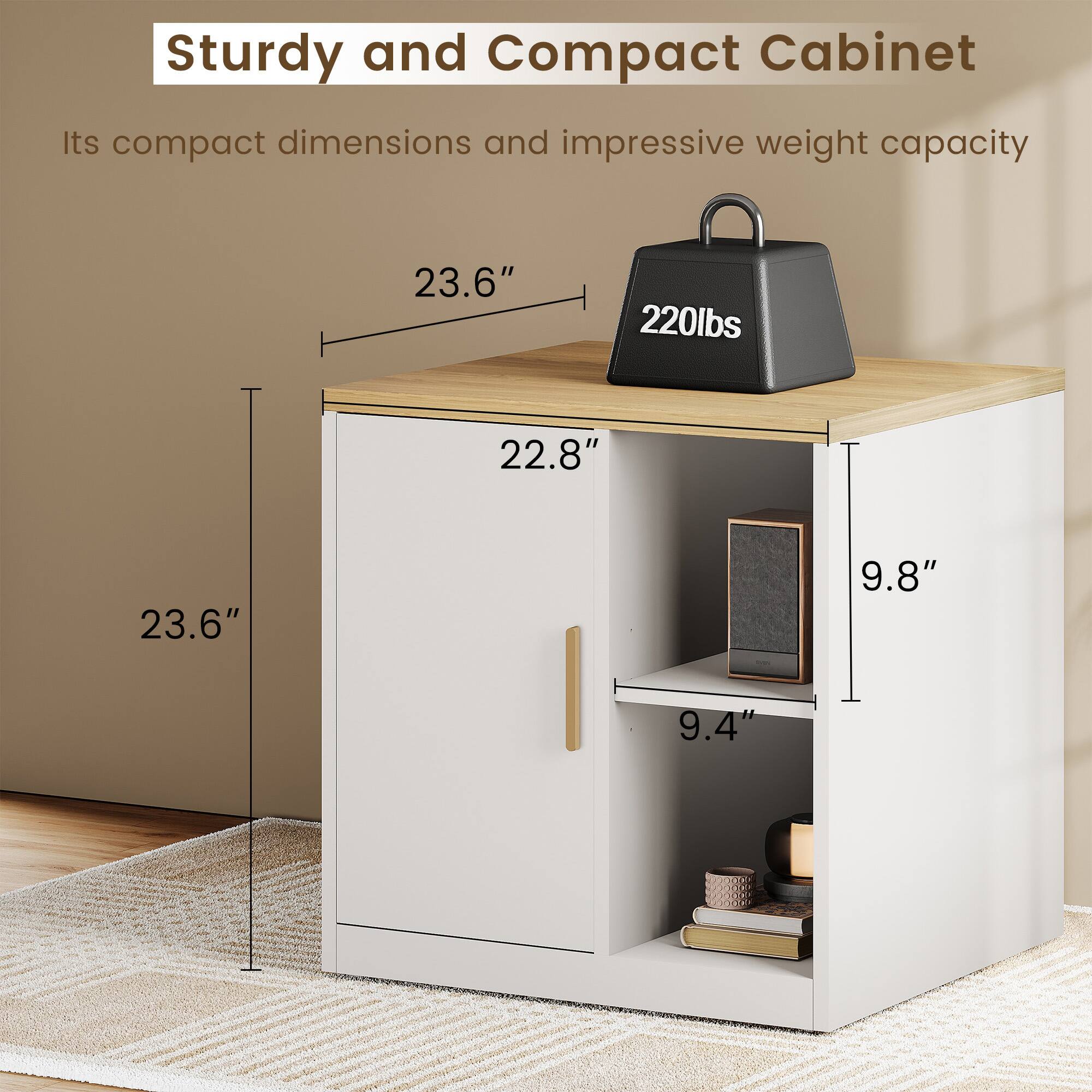 Sturdy and Compact Cabinet

Its compact dimensions and impressive weight capacity

23.6" x 22.8" x 9.8" x 9.4"

220lbs