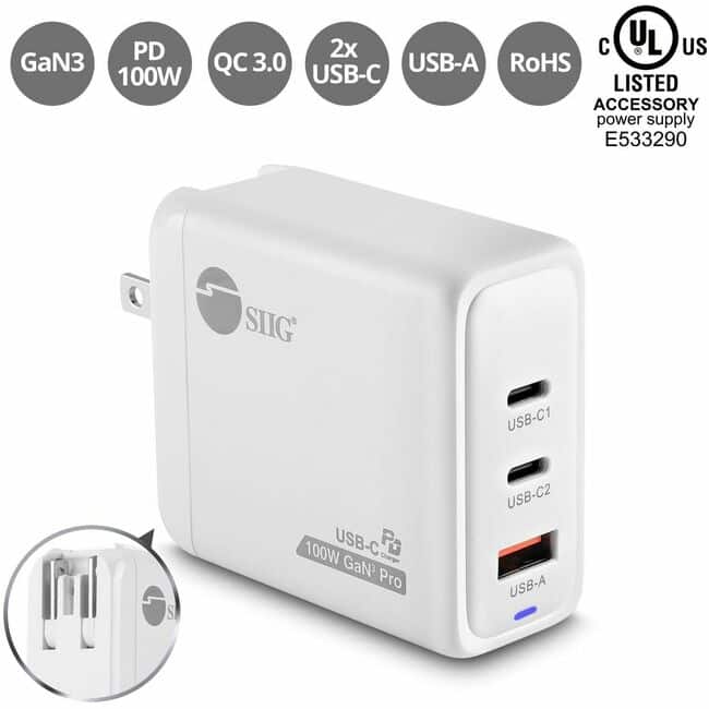 SIIG Inc - SIIG 100W GaN PD Combo Charger - 2C1A - USB-C Charging Station - Portable USB Type-C Charger - Maximum 100W output total - White