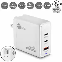 SIIG Inc - SIIG 100W GaN PD Combo Charger - 2C1A - USB-C Charging Station - Portable USB Type-C Charger - Maximum 100W output total - White