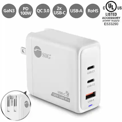 - GaN3
- PD 100W
- QC 3.0
- 2x USB-C
- USB-A
- RoHS
- UL Listed Accessory Power Supply E533290
- USB-C1
- USB-C2
- USB-A
- USB-C GaN3 Pro