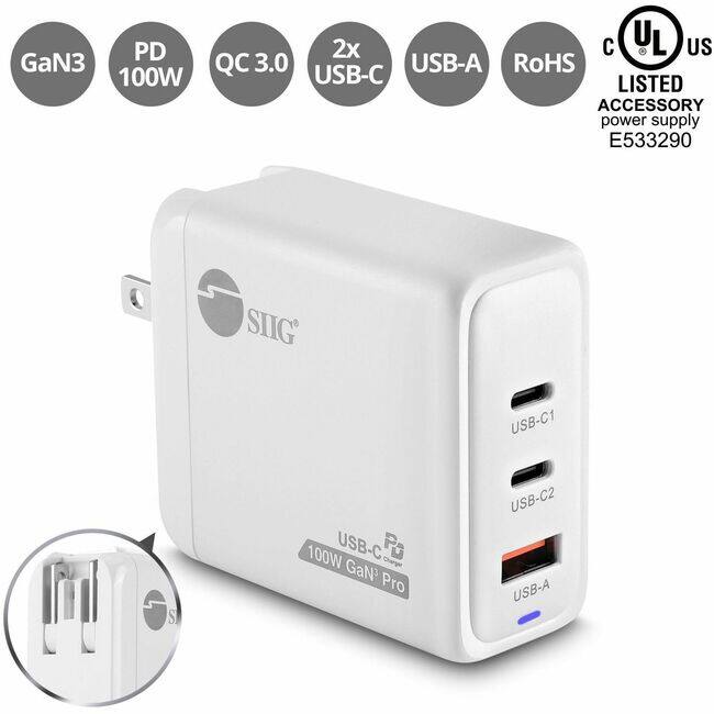 - GaN3
- PD 100W
- QC 3.0
- 2x USB-C
- USB-A
- RoHS
- UL Listed Accessory Power Supply E533290
- USB-C1
- USB-C2
- USB-A
- USB-C GaN3 Pro