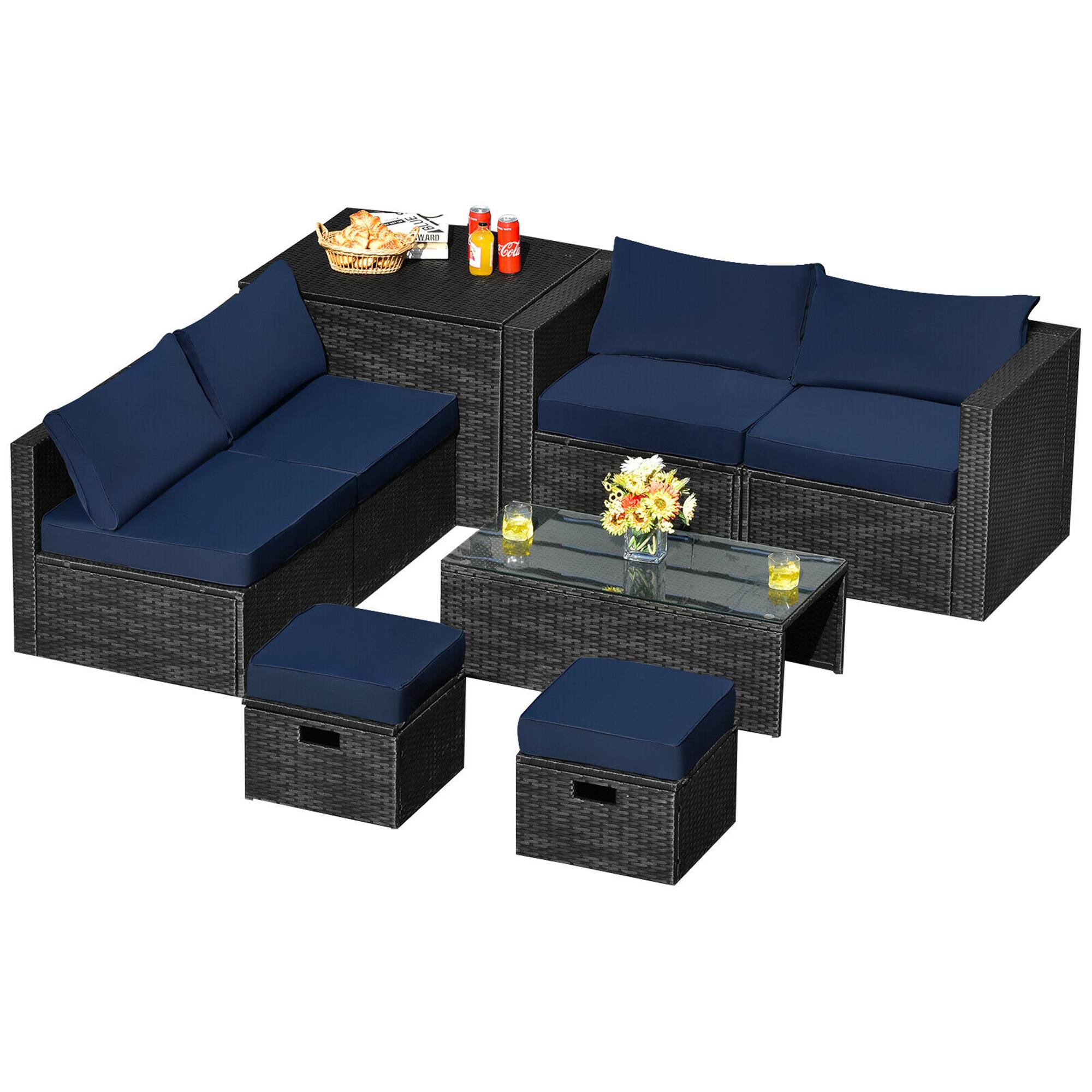 Alt View 1. Gymax - Gymax 8PCS Rattan Patio Sectional Furniture Set w/ Waterproof Cover & Navy Cushions - Navy.