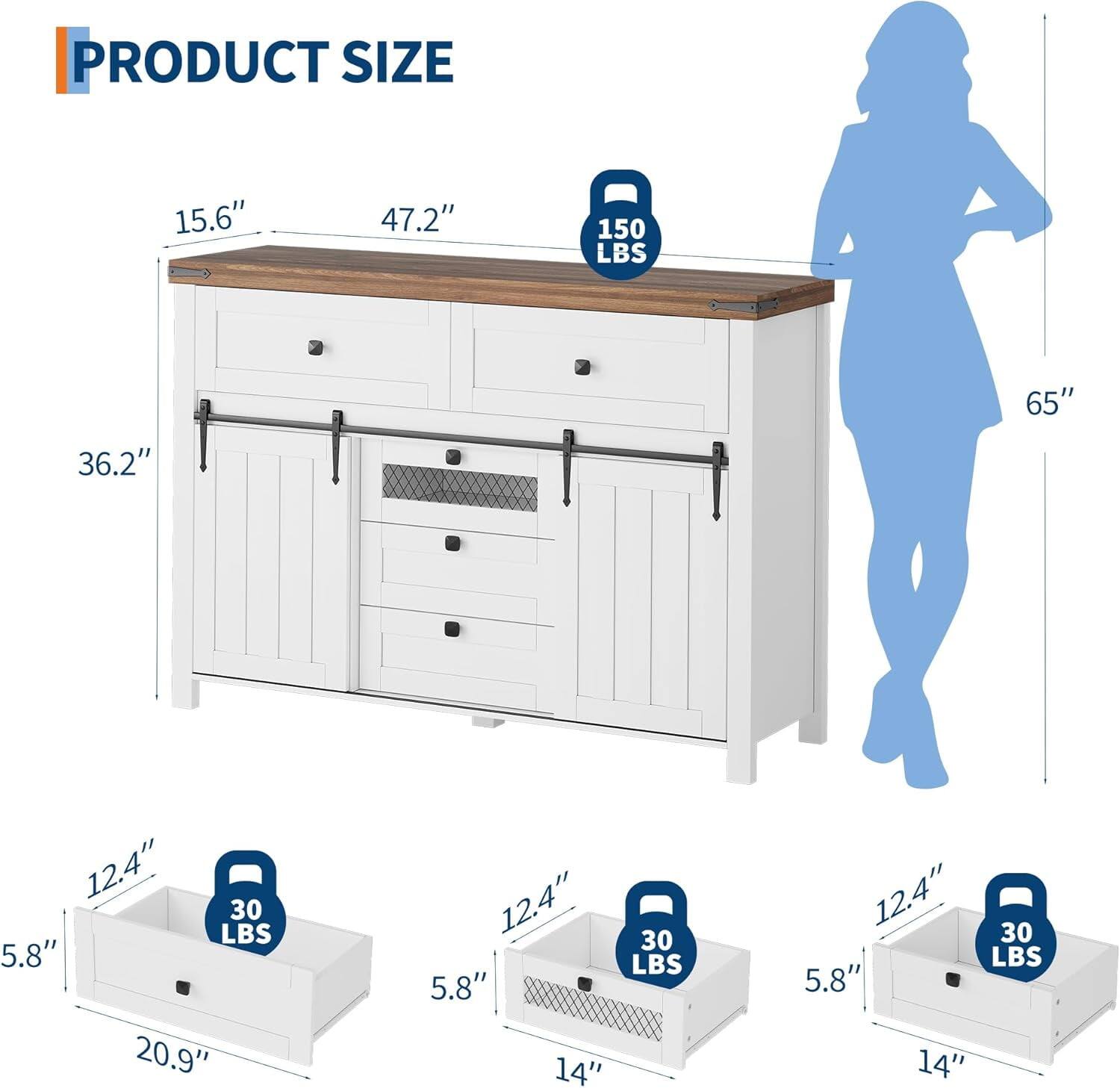 PRODUCT SIZE

- 15.6" (width)
- 47.2" (depth)
- 65" (height)
- 36.2" (height of the cabinet)
- 150 LBS (weight capacity)
- 20.9" (width of the drawer)
- 12.4" (depth of the drawer)
- 5.8" (height of the drawer)
- 30 LBS (drawer weight capacity)
- 14" (width of the shelf)
- 12.4" (depth of the shelf)
- 5.8" (height of the shelf)
- 30 LBS (shelf weight capacity)