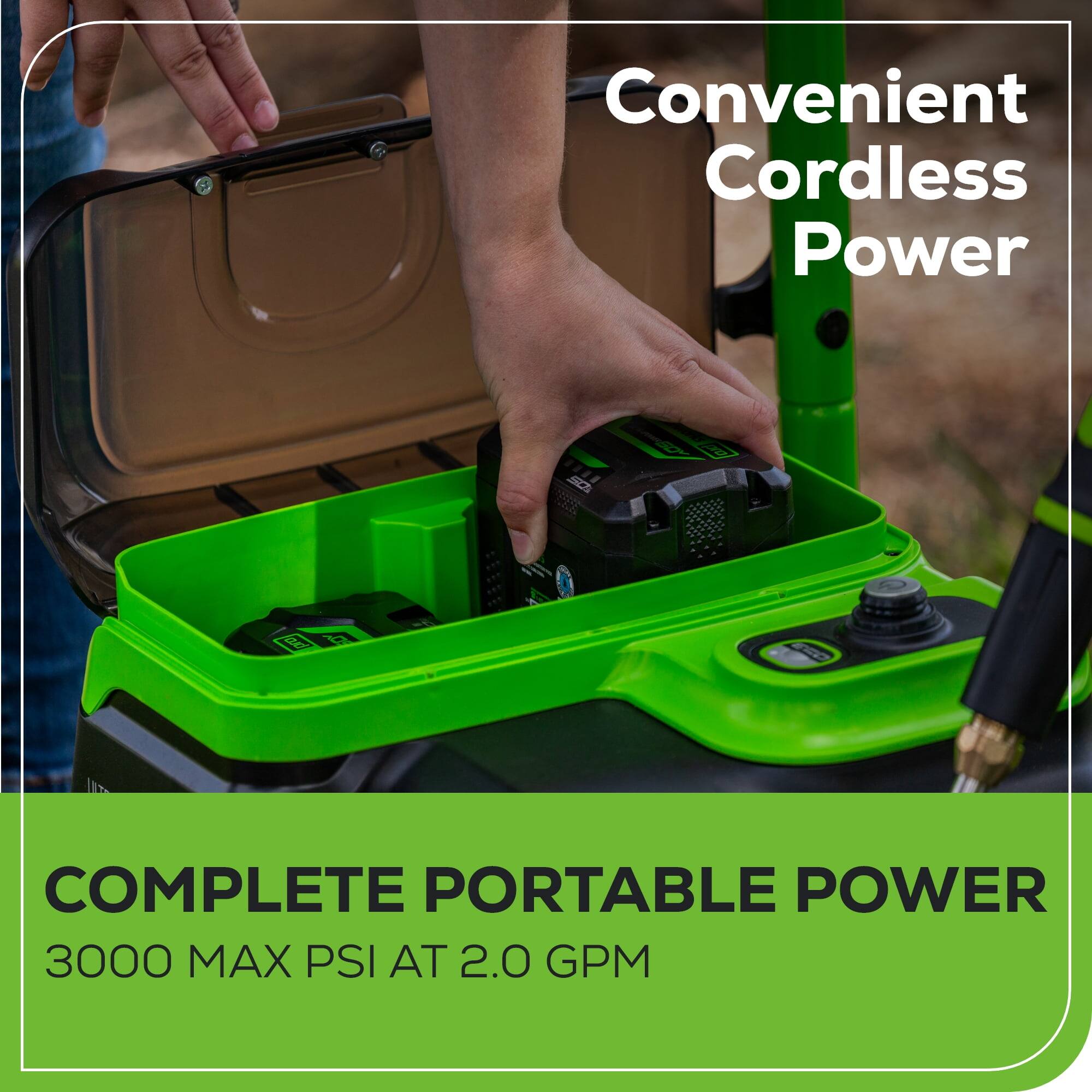 Convenient Cordless Power

COMPLETE PORTABLE POWER
3000 MAX PSI AT 2.0 GPM