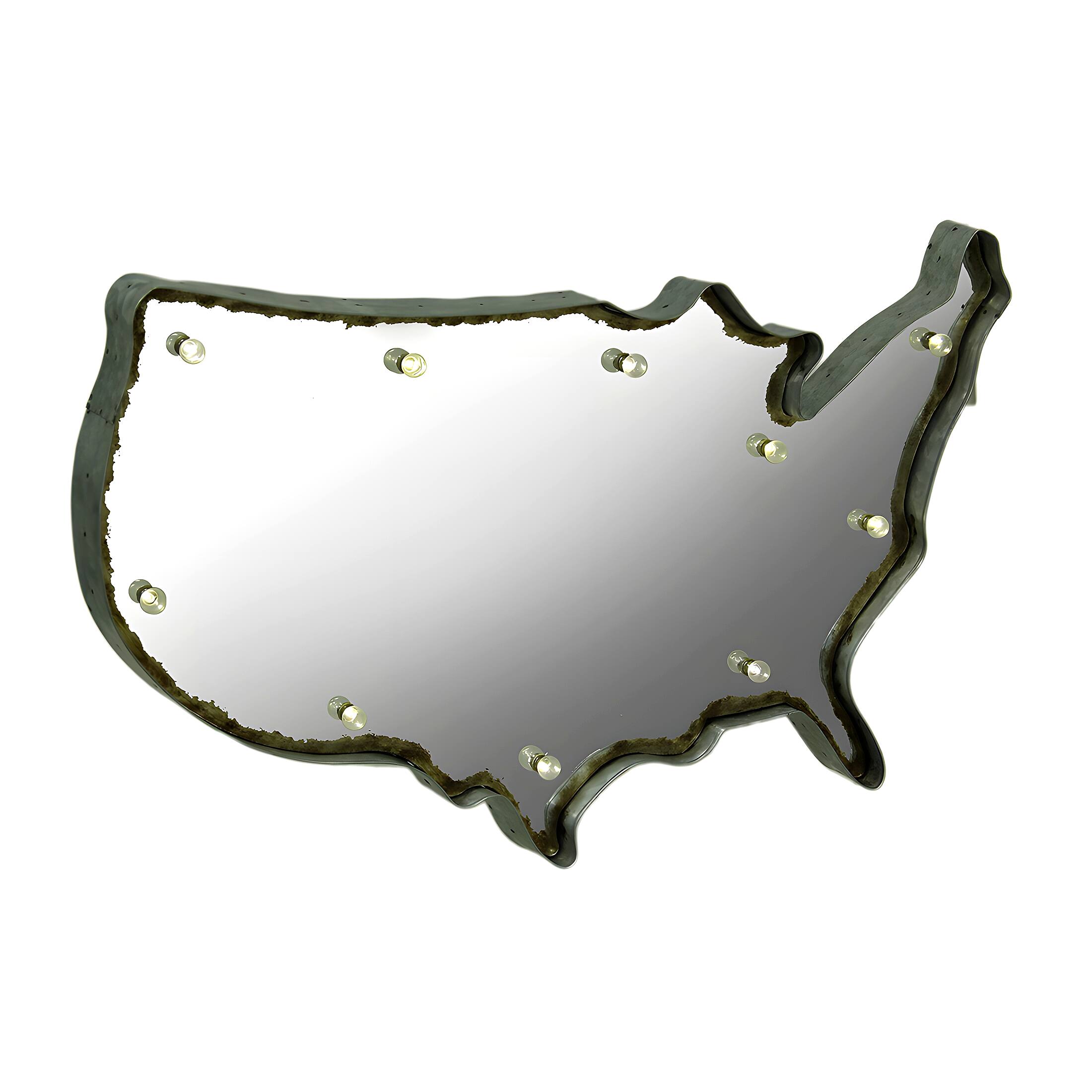 Zeckos - Rustic US Map Marquee Light-Up Framed Mirrored Wall Hanging - Silver