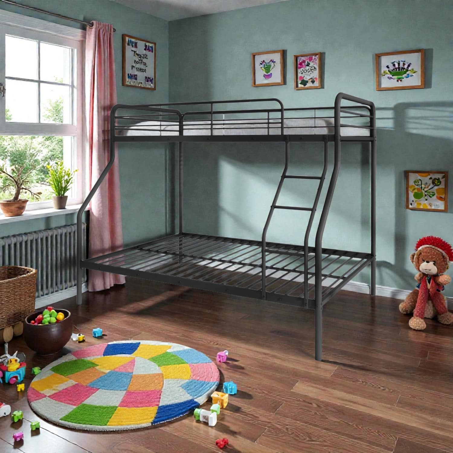 Hivvago - Twin Over Full Bunk Bed with Ladder Access and Safety Railings - Black