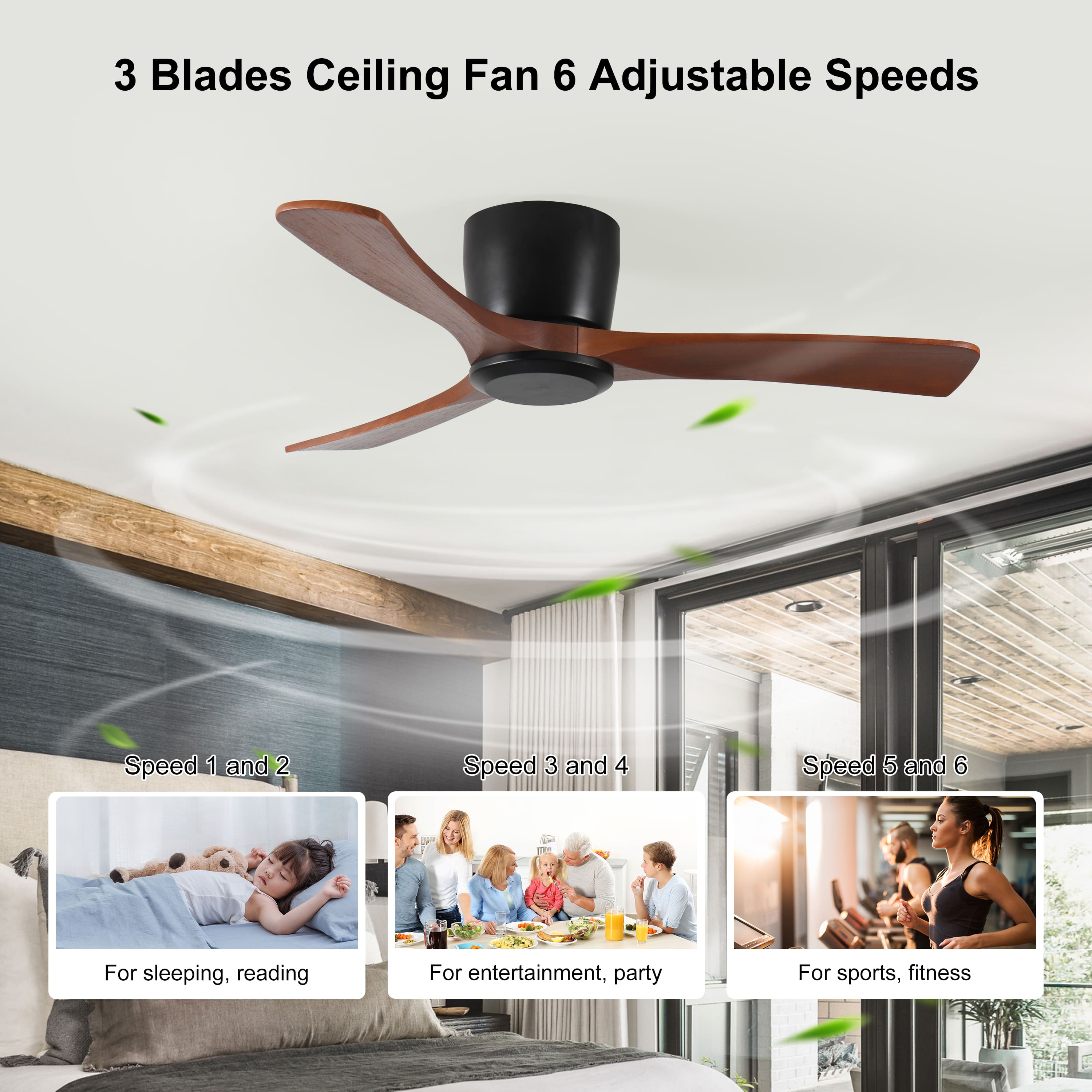 Sofucor - Wood Flush Mount Ceiling Fan No Light 42'' Low Profile Ceiling Fan w/ Remote Noiseless Reversible DC Airflow for Bedroom - Black