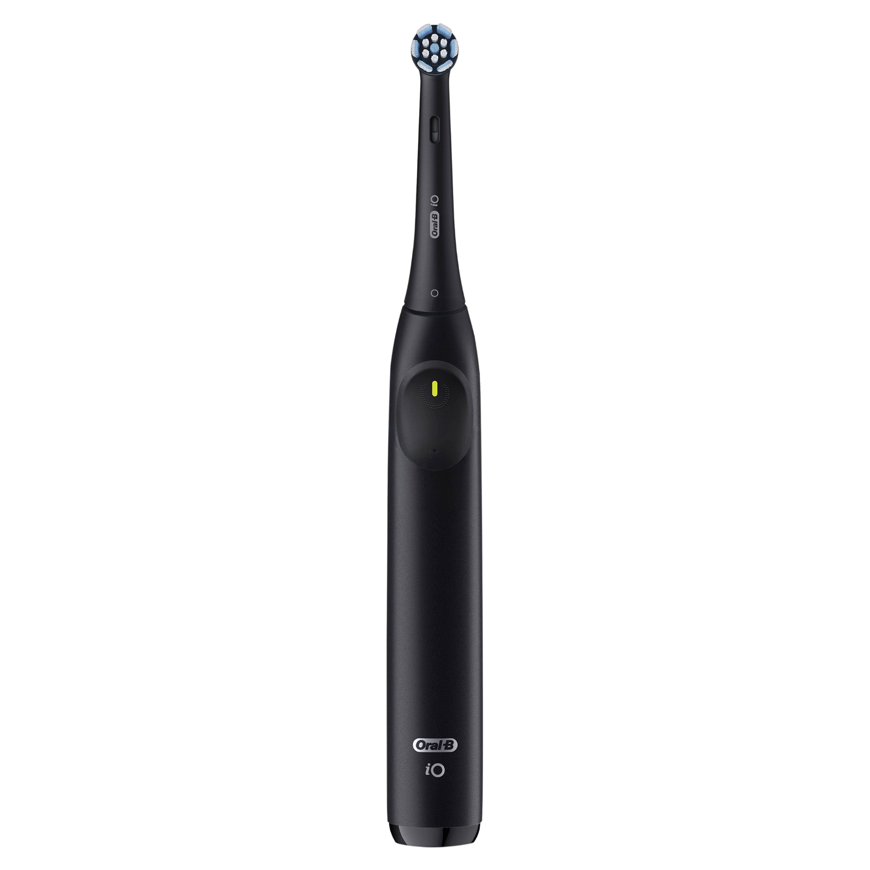 The image features an Oral-B iO electric toothbrush, which is a modern and advanced toothbrush with a black handle and a blue head. The toothbrush is designed to provide an efficient and effective cleaning experience for users.