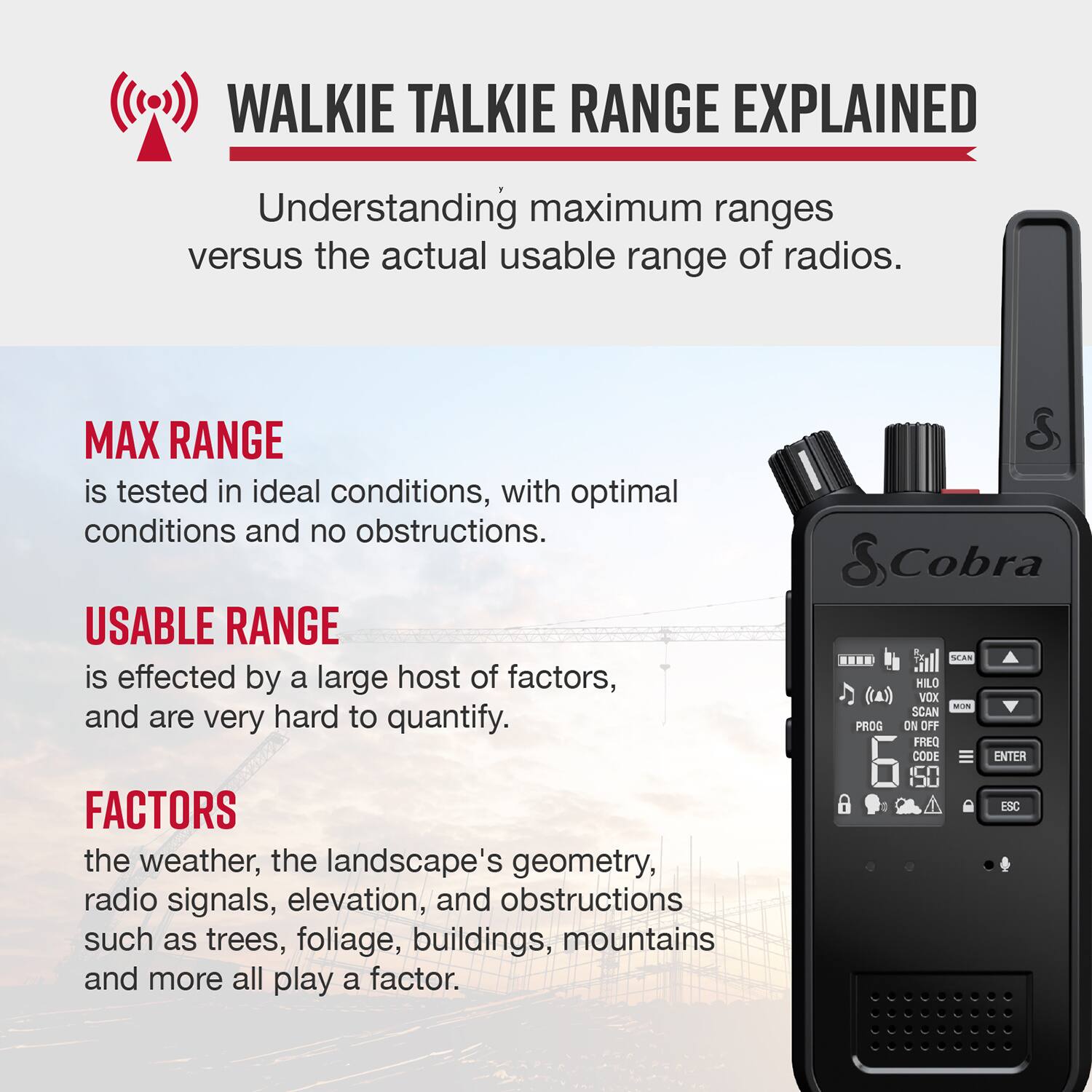 Walkie Talkie Range Explained: Understanding Maximum Ranges vs. Actual Usable Range of Radios

Max Range: Tested in ideal conditions, with optimal conditions and no obstructions.

Usable Range: Affected by a large host of factors, and are very hard to quantify.

Factors:

* Weather:
* Landscape's geometry:
* Radio signals:
* Elevation:
* Obstructions such as trees, foliage, buildings, mountains, and more.