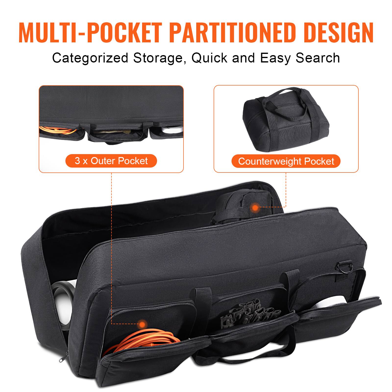 MULTI-POCKET PARTITIONED DESIGN  
Categorized Storage, Quick and Easy Search  

3 x Outer Pocket  
Counterweight Pocket