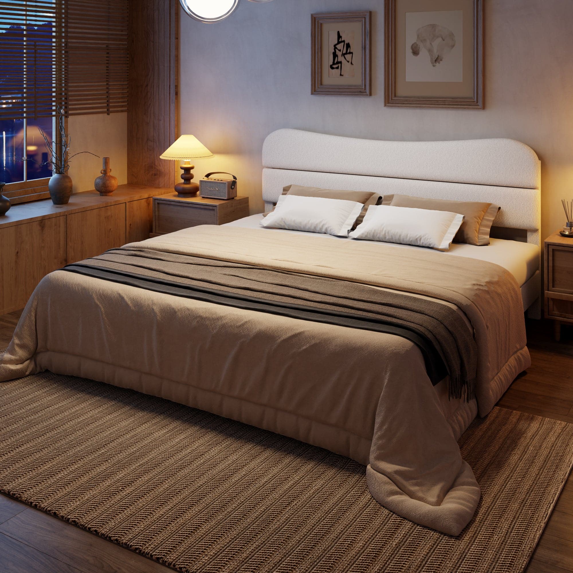 Furnulem - Bed Frame With Teddy Velvet Soft Curved Headboard Platform Bed With Wooden Slats Support - White